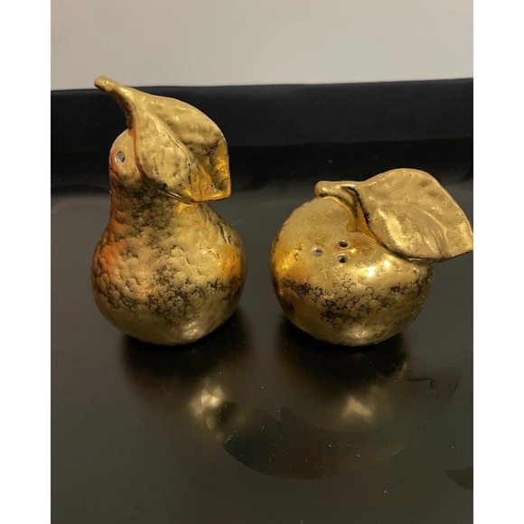Vintage Pear & Apple Shaped Gold Encrusted Porcelain Salt & Pepper Shaker Set - Picture 2 of 10